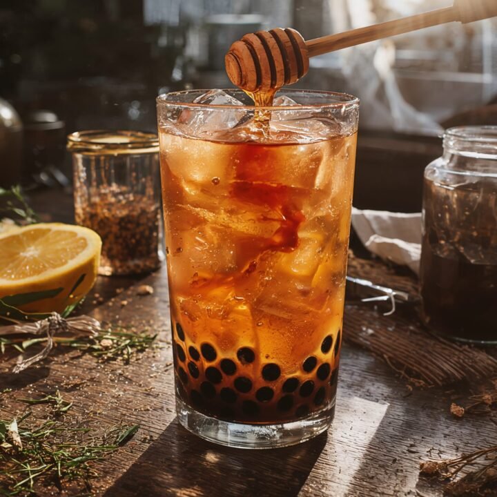 A tall, backlit glass of amber-colored Honey Citrus Jasmine Bubble Tea on a rustic wooden table. A wooden dipper is dripping honey into the glass, surrounded by fresh orange slices, lemon, and loose jasmine tea leaves.