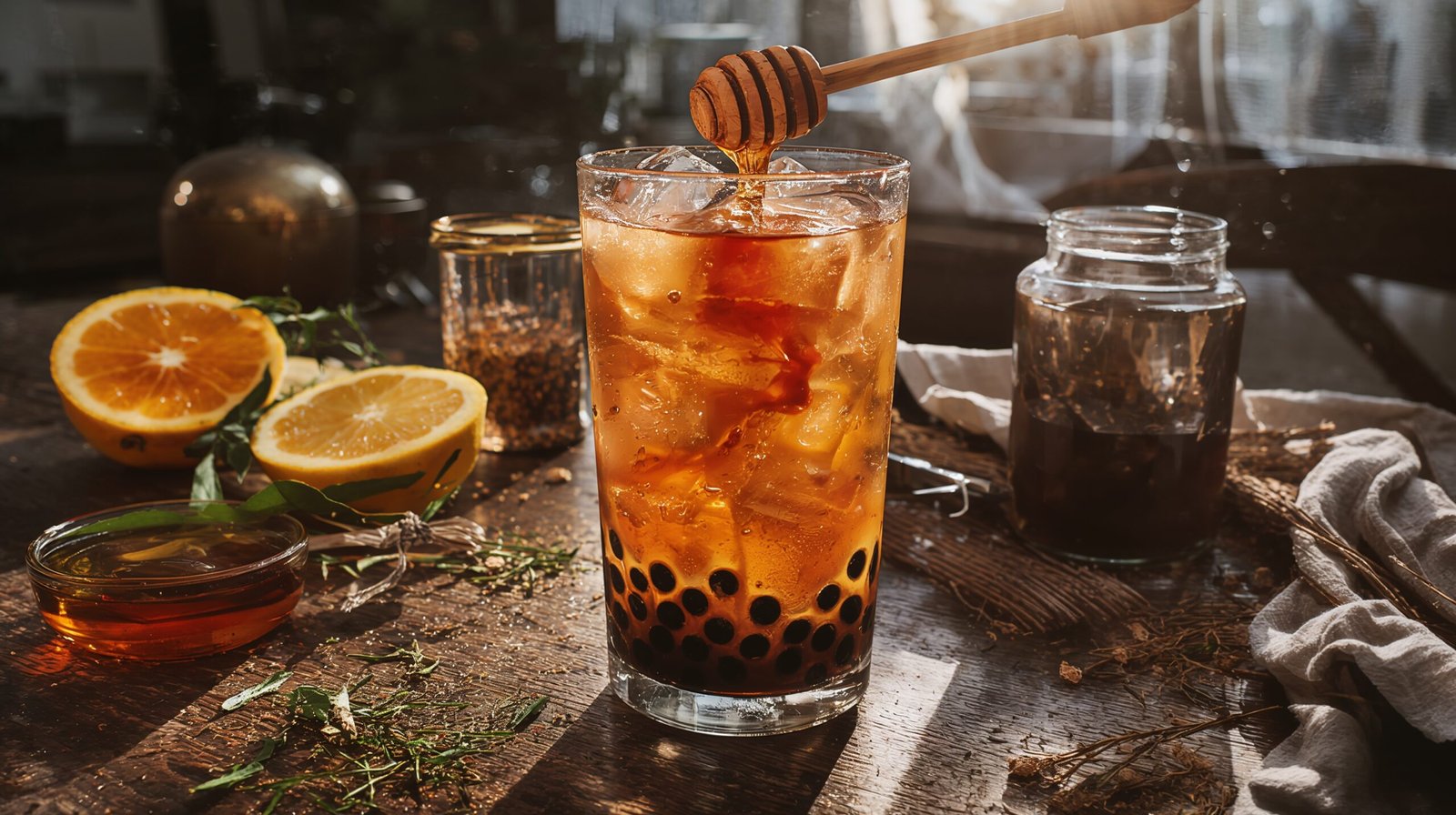 A tall, backlit glass of amber-colored Honey Citrus Jasmine Bubble Tea on a rustic wooden table. A wooden dipper is dripping honey into the glass, surrounded by fresh orange slices, lemon, and loose jasmine tea leaves.