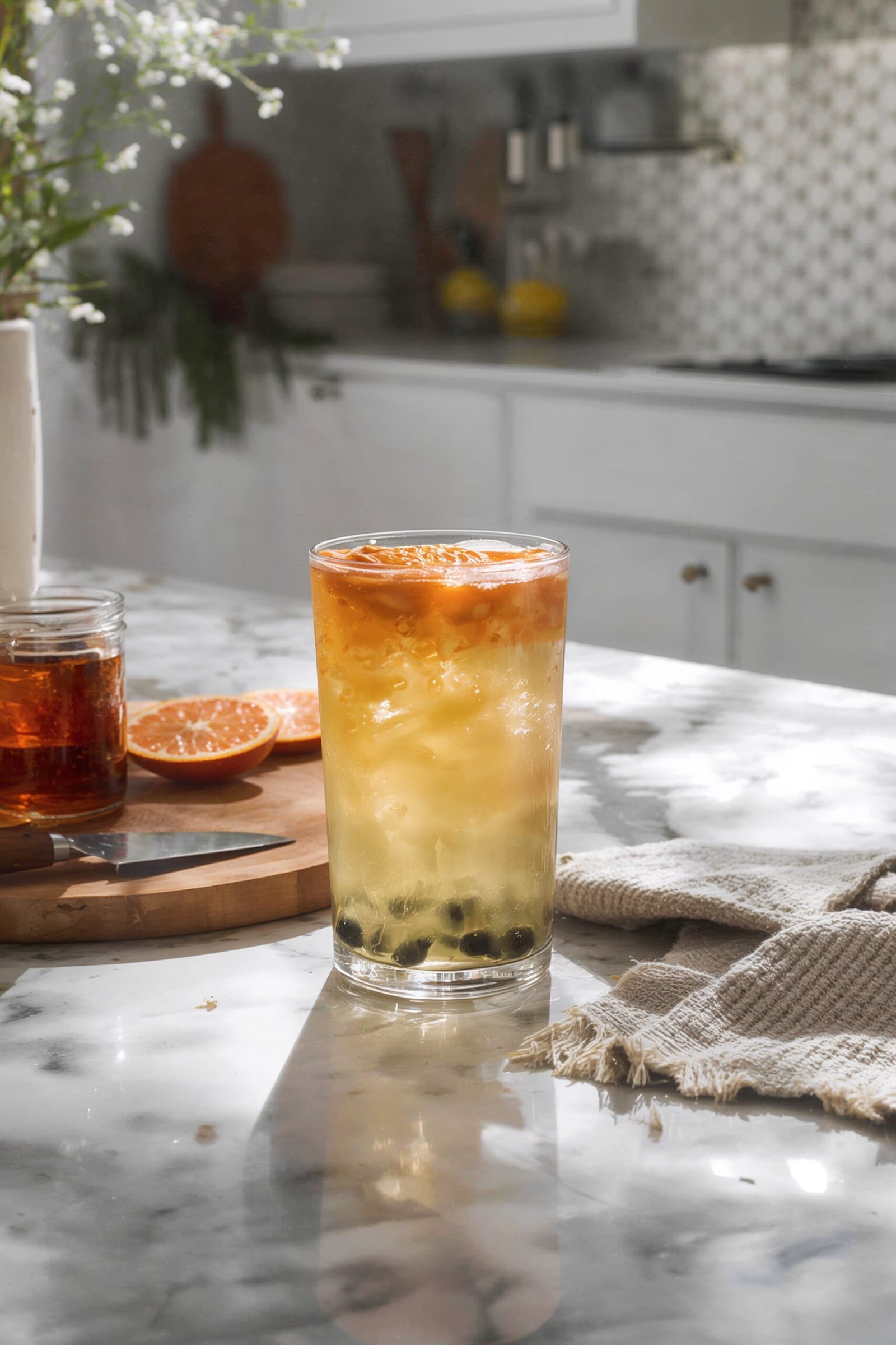 Wide shot of a glass of Honey Citrus Jasmine Bubble Tea on a clean white kitchen counter next to sliced oranges and a honey jar.