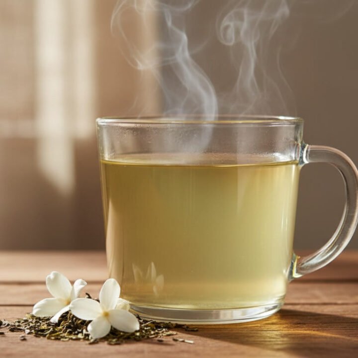 Close up of a steaming glass mug of jasmine green tea on a rustic wooden table