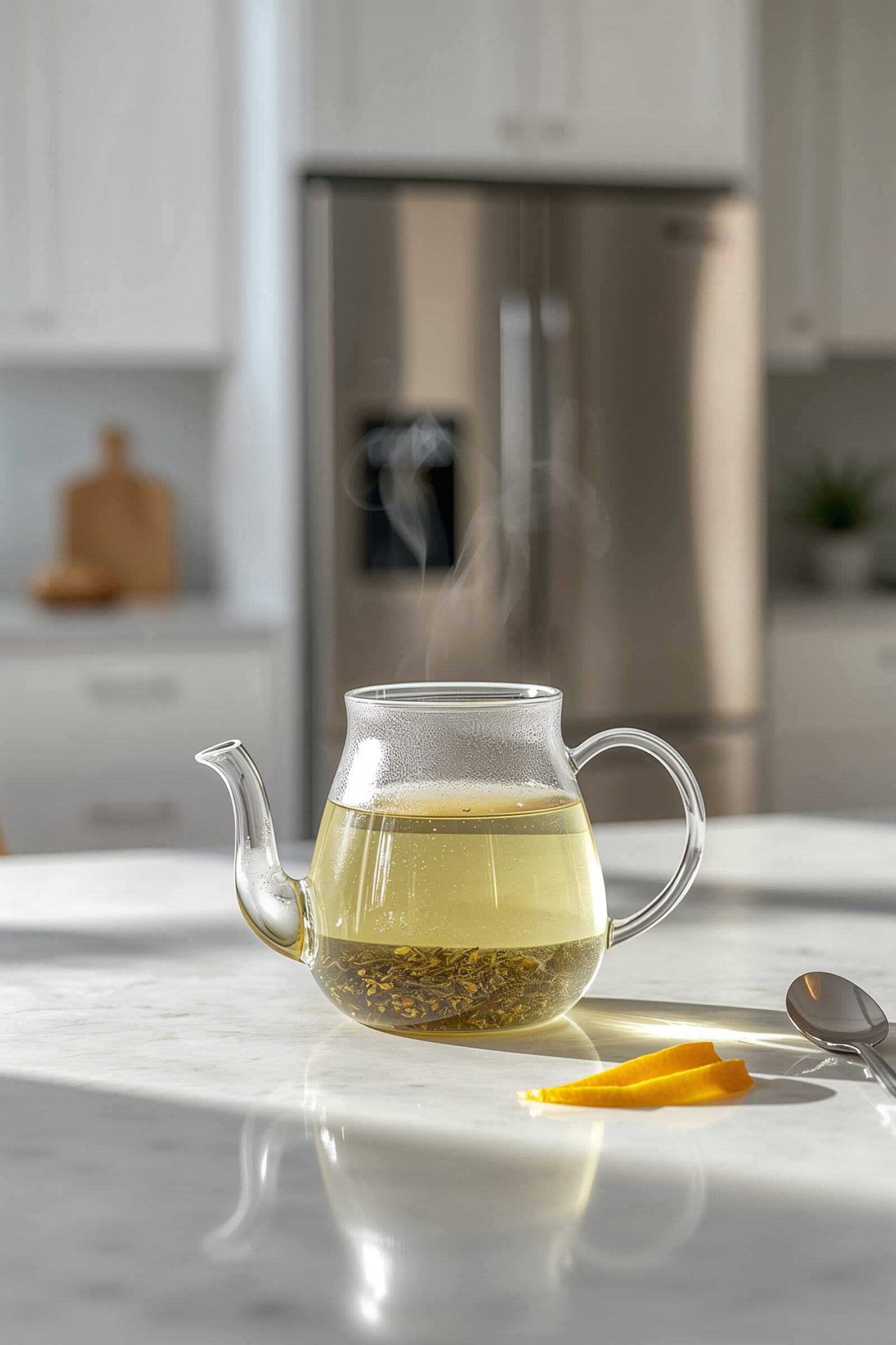 Jasmine green tea steeping in a clear glass teapot on a quartz countertop in a modern kitchen.