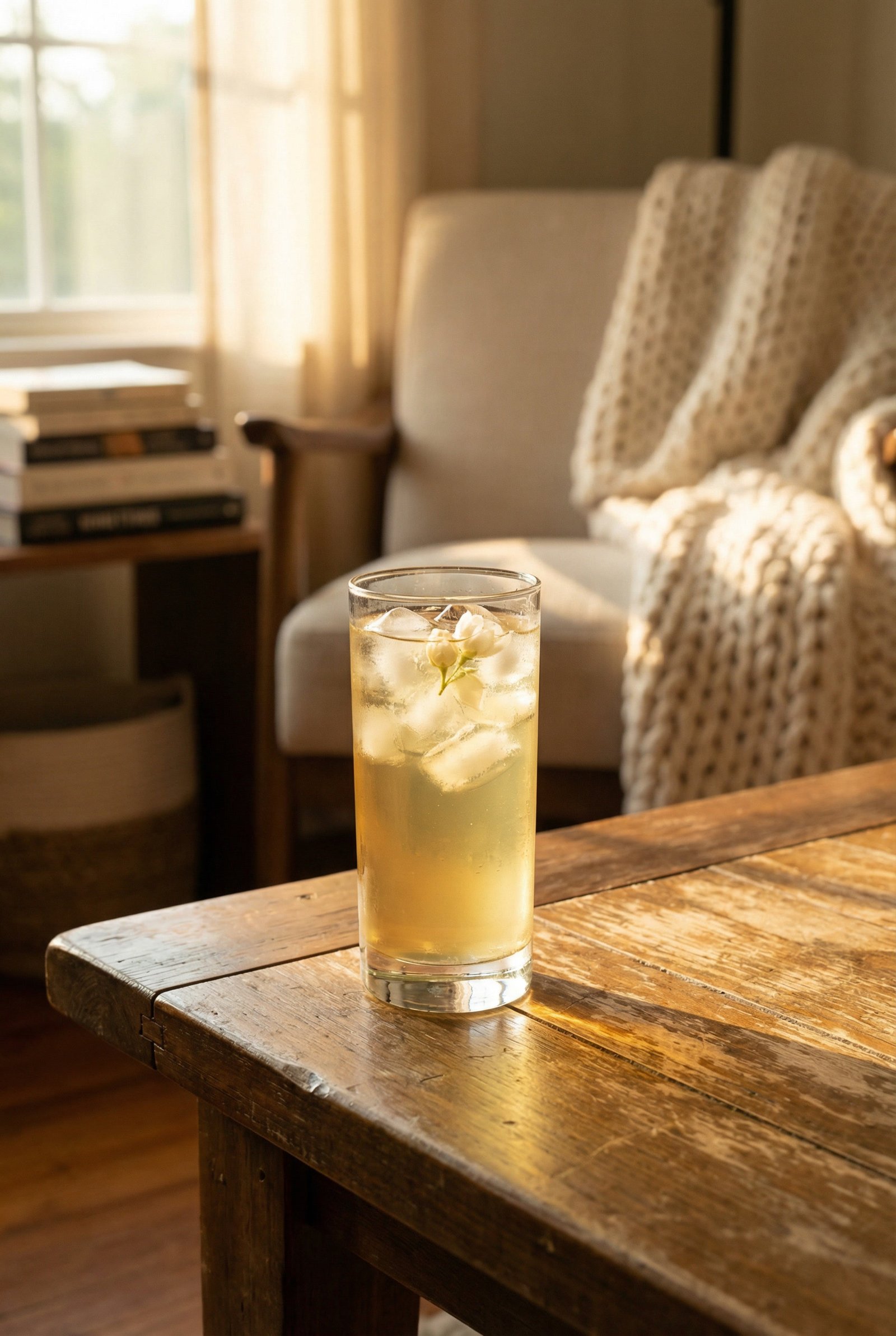 A tall glass of chilled Jasmine Green Tea on a rustic coffee table next to a knit blanket and books in a cozy living room.