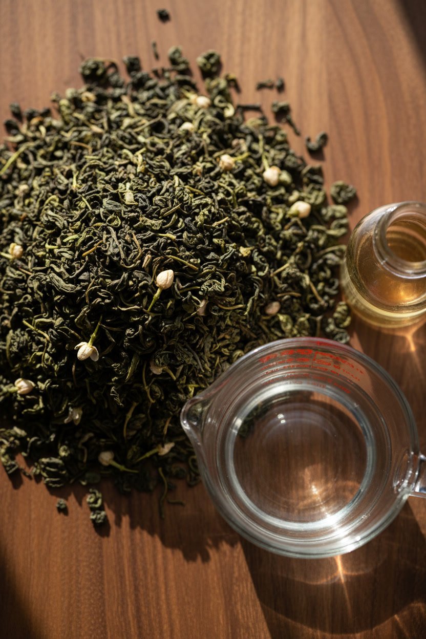 An overhead view of loose jasmine tea leaves with white blossoms, a glass measuring cup of water, and a bottle of simple syrup on a wooden surface.