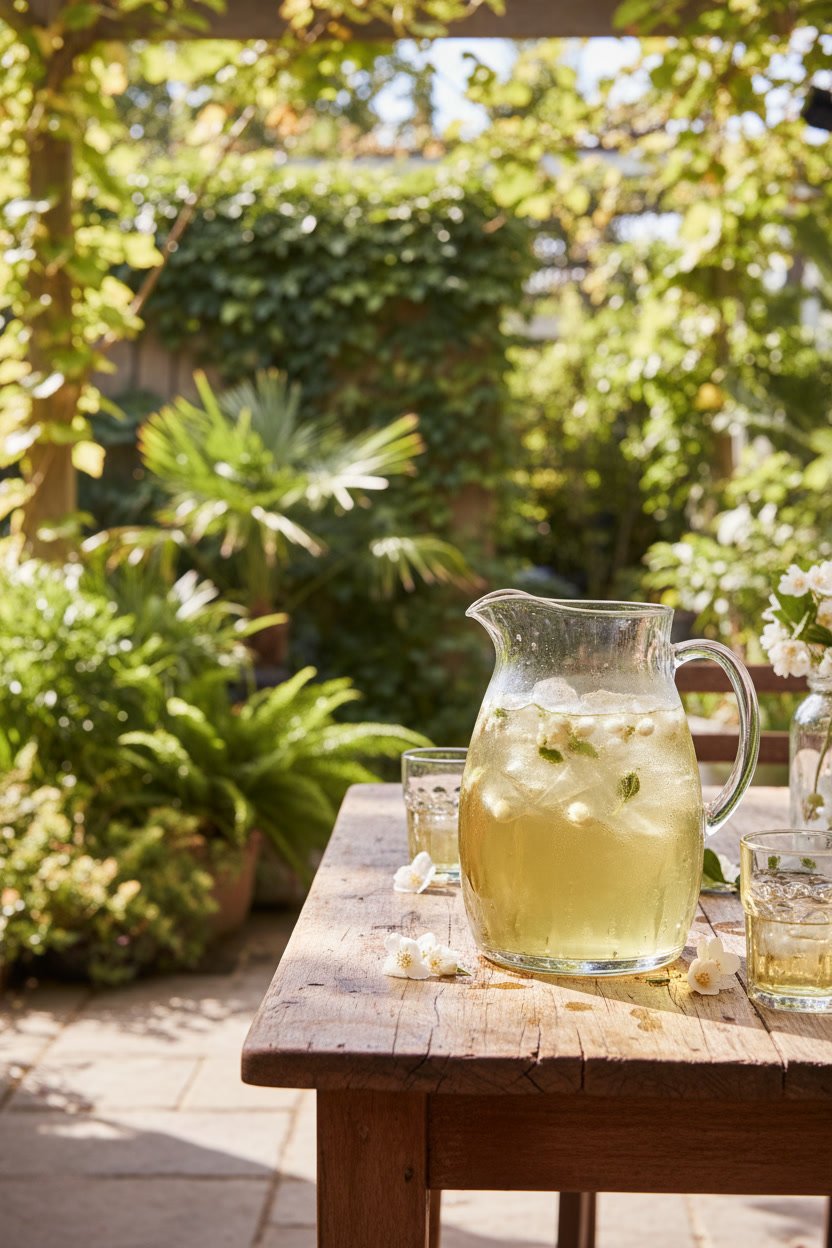A large glass pitcher of chilled jasmine green tea sitting on a sun-drenched rustic wooden table on a garden patio.