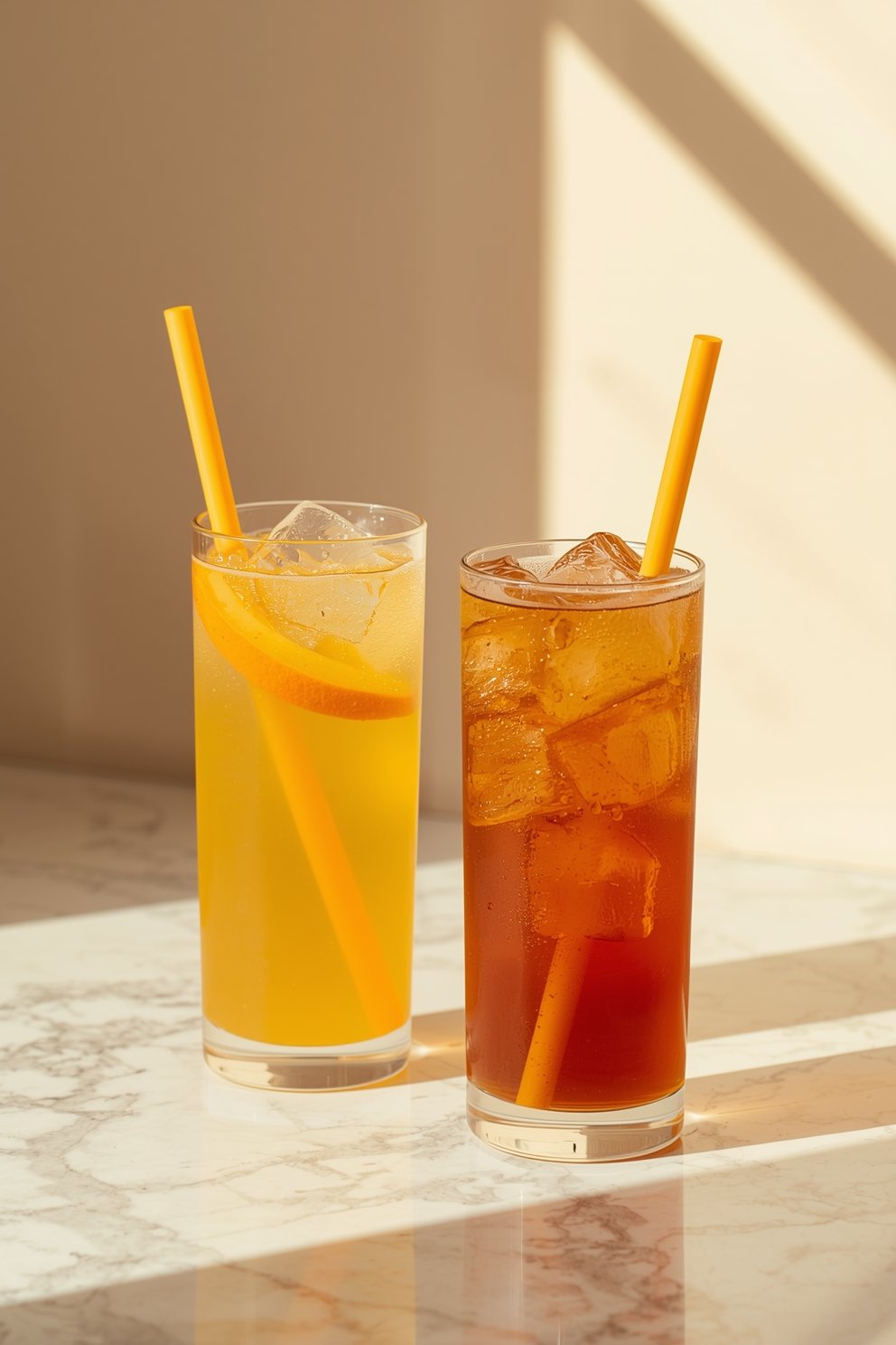 Two iced fruit drinks showing juice-based versus brewed tea-based fruit tea with blank orange boba straws.