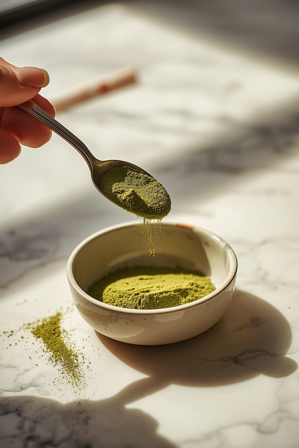 Spoon sprinkling matcha powder into a bowl, showing matcha strength can vary by scoop size.