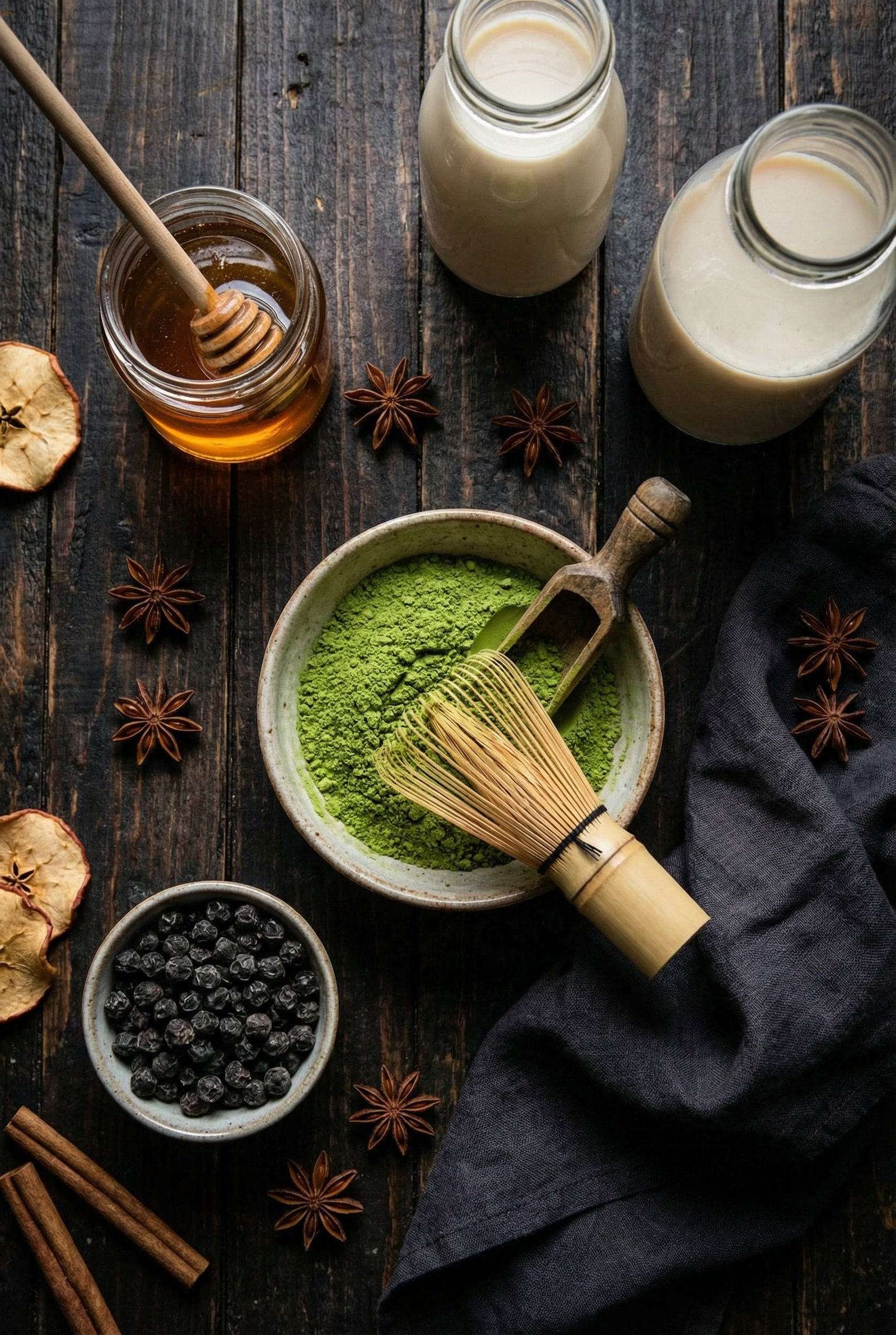 An overhead flat lay photograph of matcha powder, bamboo whisk, tapioca pearls, honey, and oat milk on a rustic wooden table.