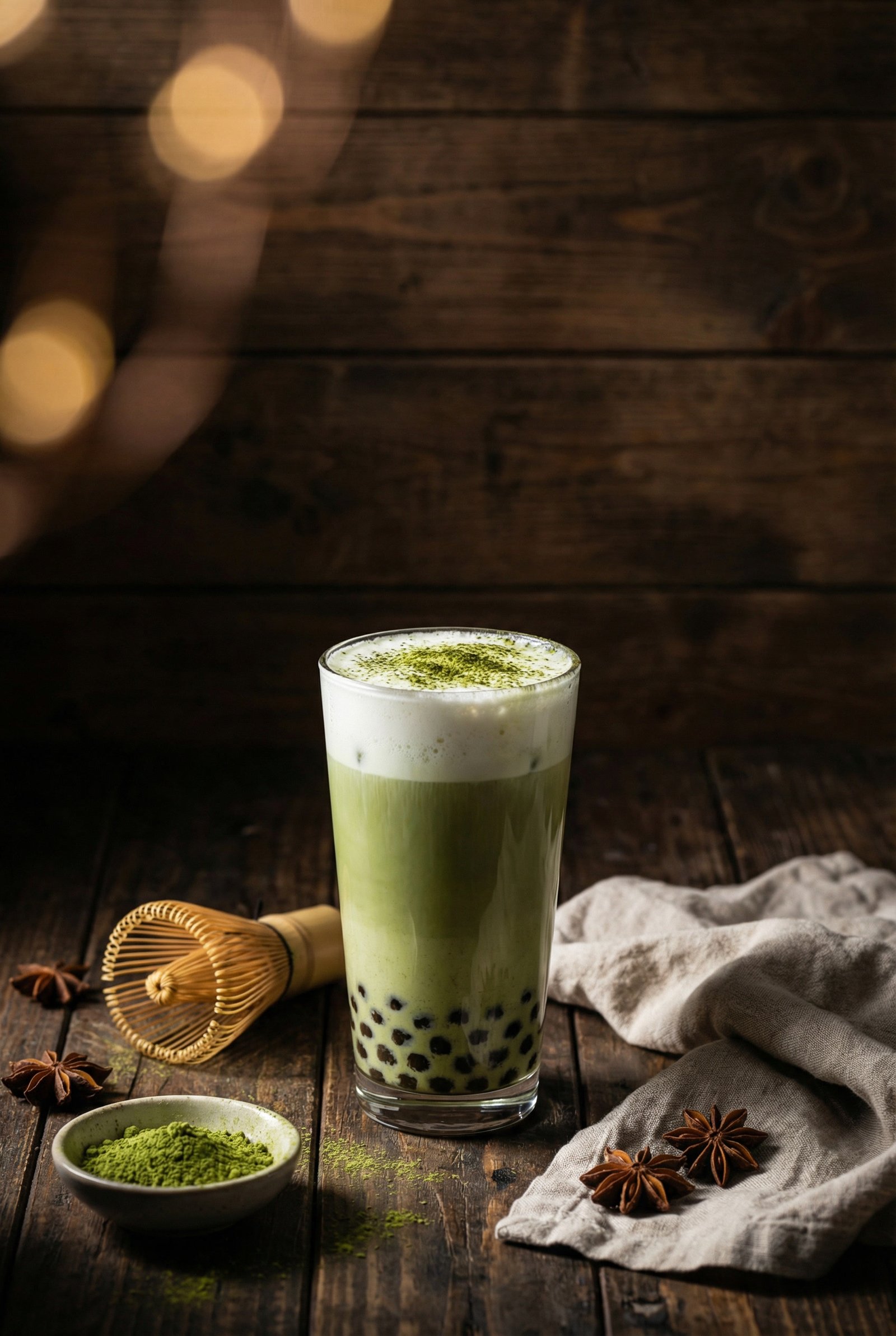 A vertical Pinterest pin image of a layered Matcha Bubble Tea with space for text.