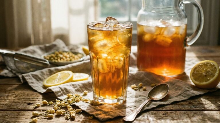A stunning, close-up hero shot of Jasmine Green Tea surrounded by lemons, jasmine flowers, and rustic linens.