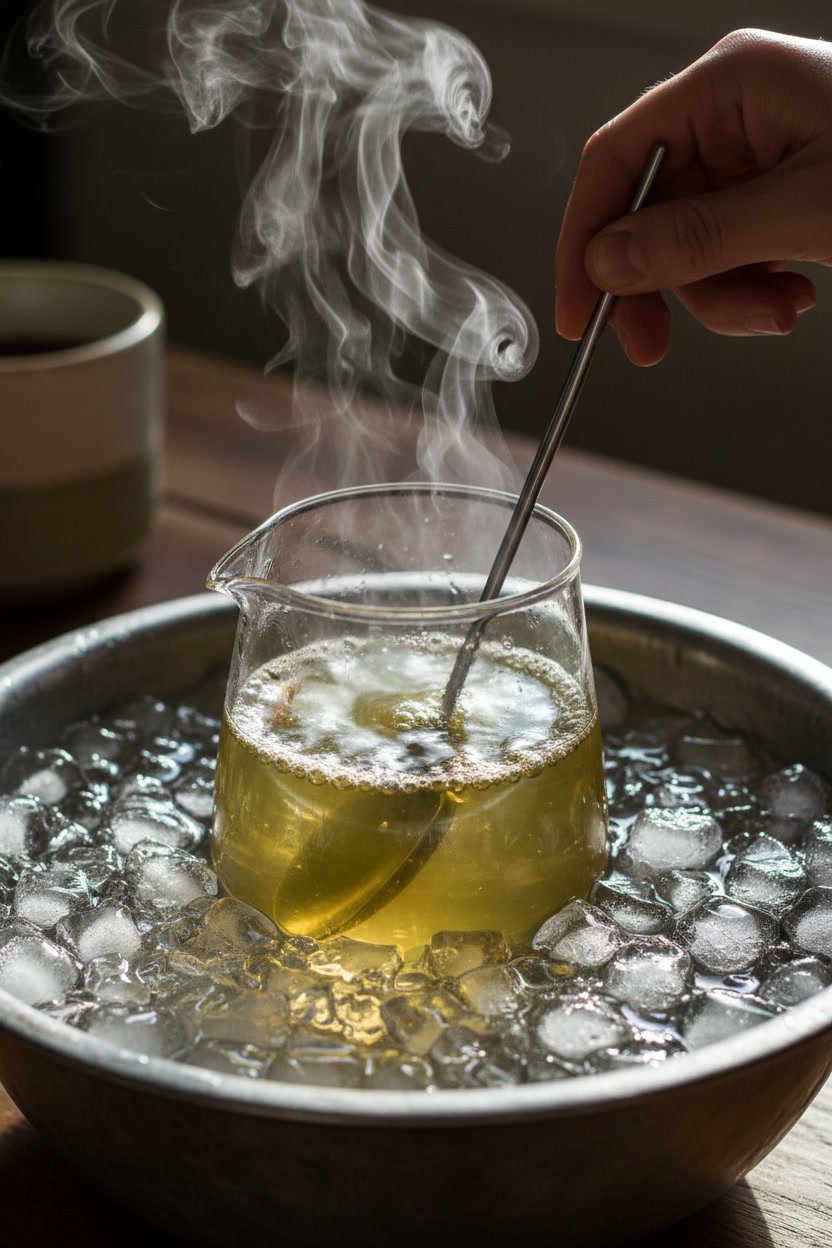 A glass pitcher of hot tea submerged in a large metal bowl filled with ice and water to cool it down rapidly.