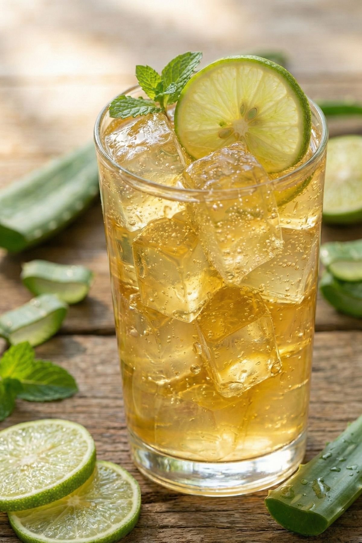 A close-up photograph of delicate, sparkling golden-yellow aiyu jelly served in a clear bowl with a fresh slice of lime.