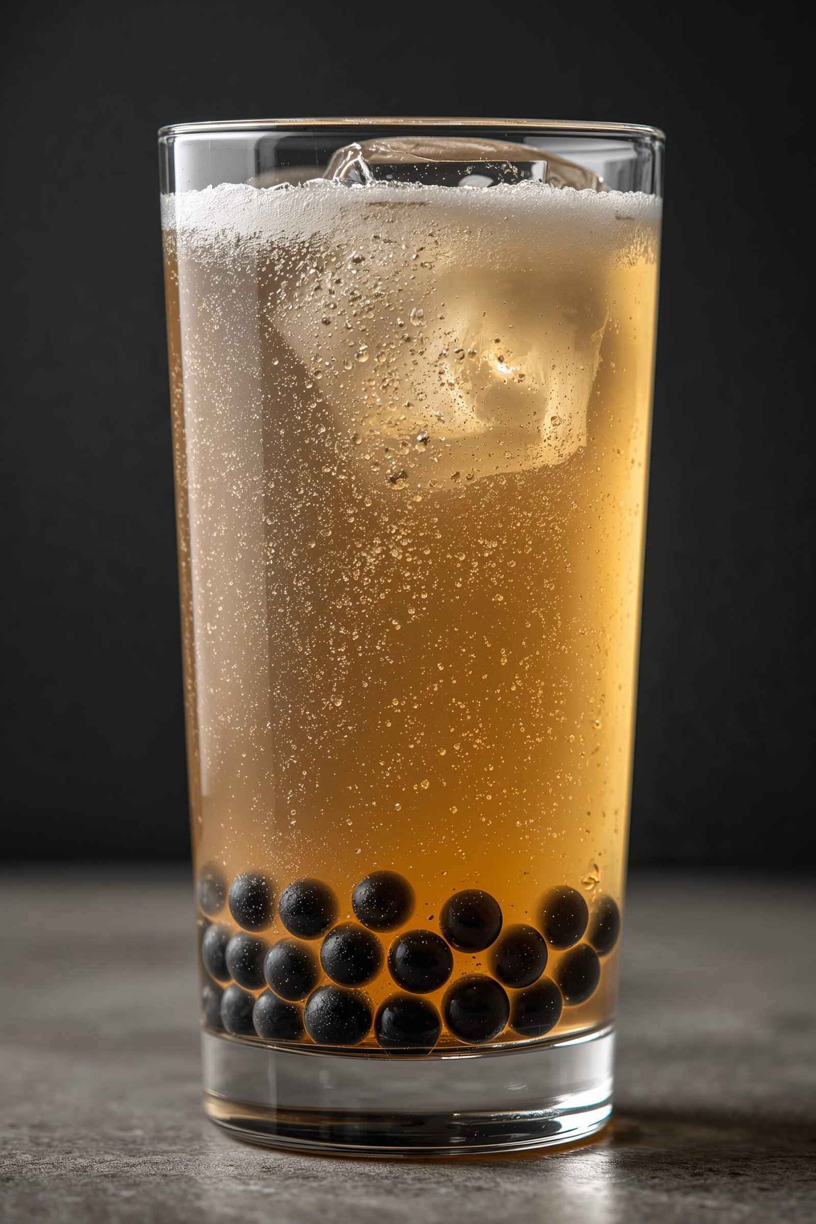 Close-up of a sparkling jasmine boba mocktail with black tapioca pearls, bubbles, and condensation in a clear glass.