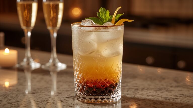 Festive sparkling jasmine boba mocktail in a cut-crystal glass with gold rim, candlelight glow and champagne flutes blurred in the background.
