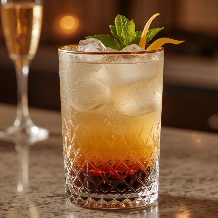 Festive sparkling jasmine boba mocktail in a cut-crystal glass with gold rim, candlelight glow and champagne flutes blurred in the background.