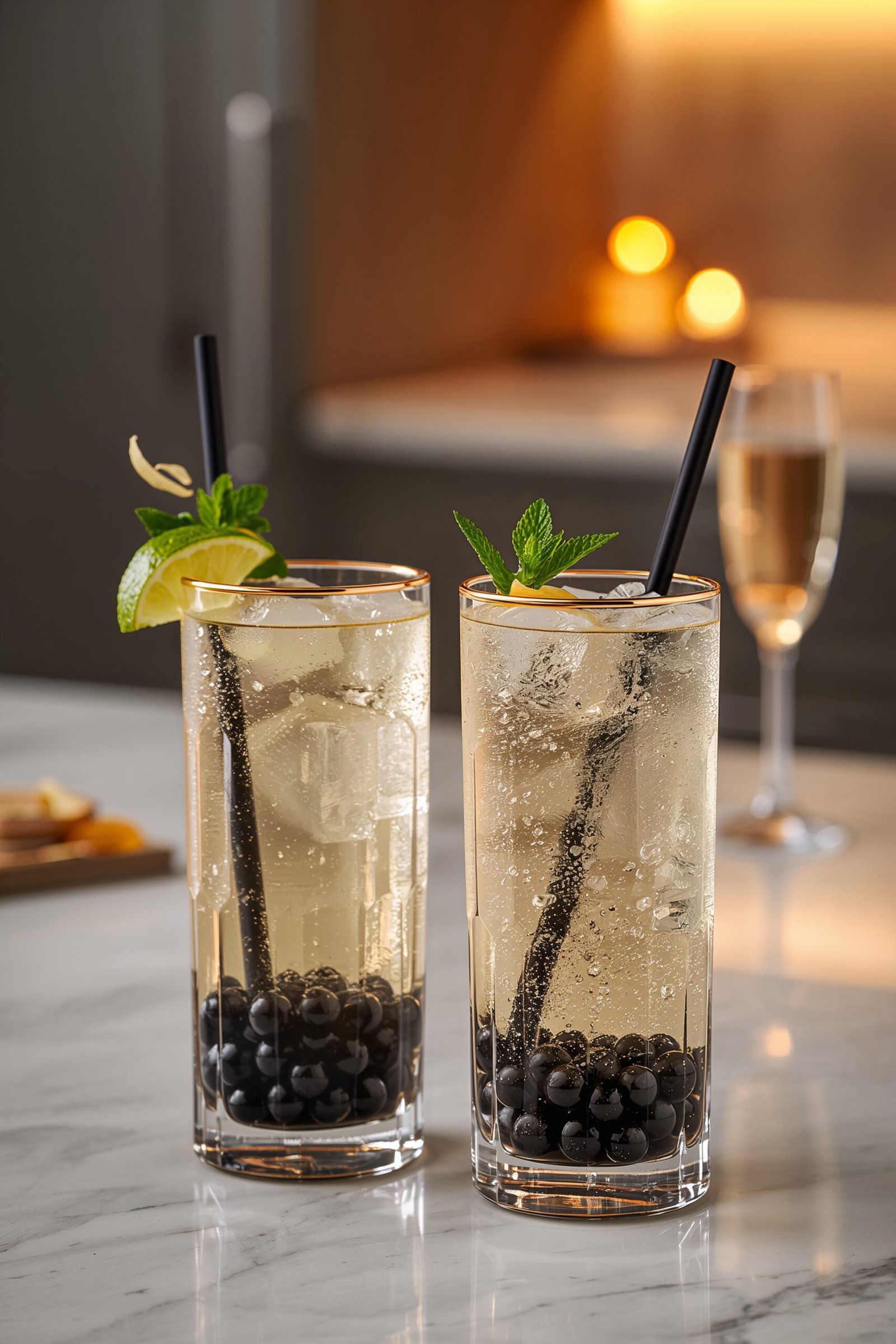 Two festive sparkling jasmine boba mocktails with black tapioca pearls and wide boba straws on a marble countertop, with a champagne flute blurred in the background.