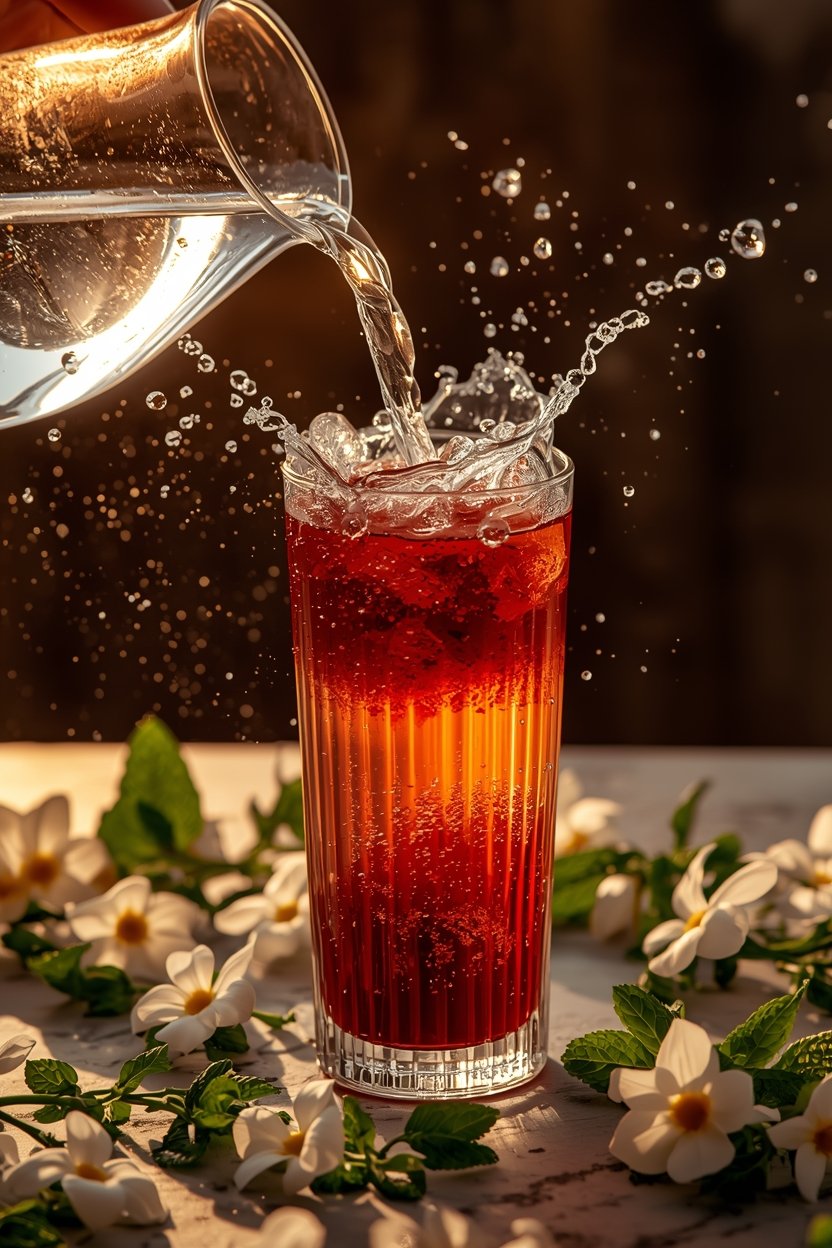 Sparkling water being poured into a glass of strawberry tea, creating fizzy bubbles, surrounded by ice and mint.