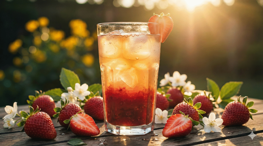 Extreme close-up of a tall, sweating glass of pink and clear layered Strawberry Jasmine Bubble Tea with a strawberry slice on the rim, backlit by golden hour sun.