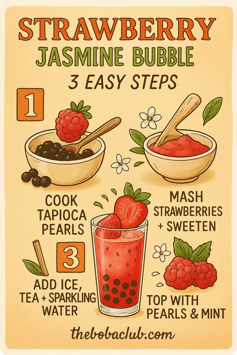 Infographic titled “Strawberry Jasmine Bubble Tea — 3 Easy Steps” showing how to cook tapioca pearls, mash strawberries and sweeten, then add ice, jasmine tea, and sparkling water, topped with pearls and mint, with thebobaclub.com at the bottom.