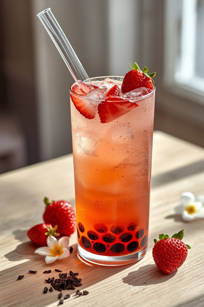 Strawberry jasmine bubble tea in a tall glass with black tapioca pearls, ice, fresh strawberry slices, and a wide clear straw on a sunlit wooden table.