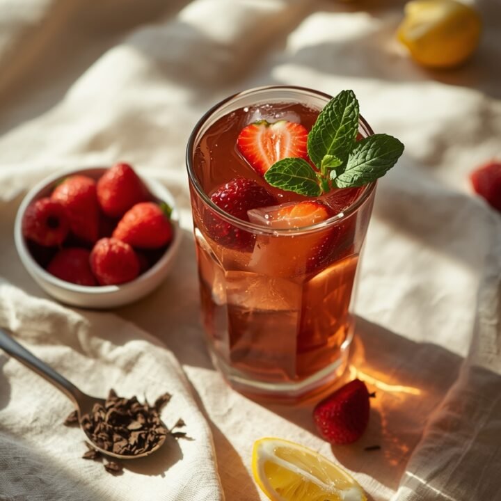 Glass of strawberry jasmine iced tea with ice, strawberry slices, and mint on a linen cloth in warm sunlight, with lemon and tea leaves nearby.