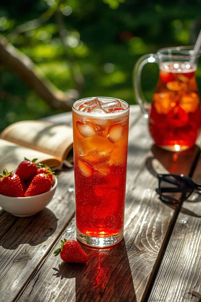 A refreshing Strawberry Jasmine Bubble Tea on a sunny patio table styled with sunglasses, fresh fruit, and a book.