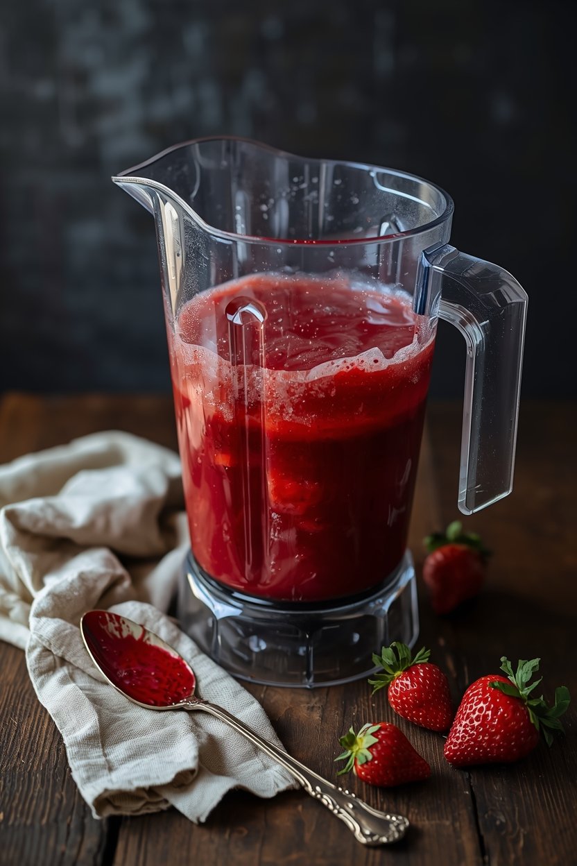 High-angle shot of a blender mixing bright red strawberry purée, surrounded by fresh ingredients and a vintage spoon.