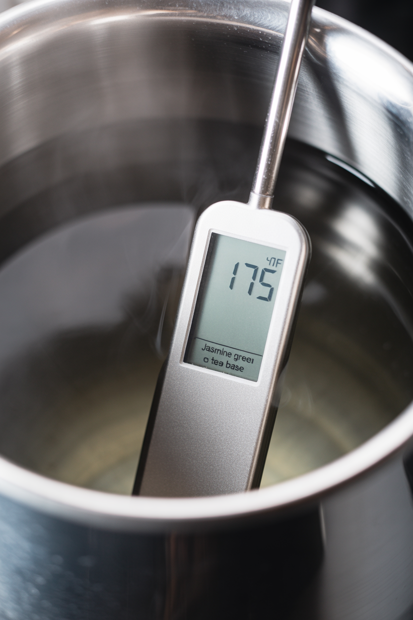 A close-up of a digital kitchen thermometer reading 175°F in a kettle of hot steaming water.