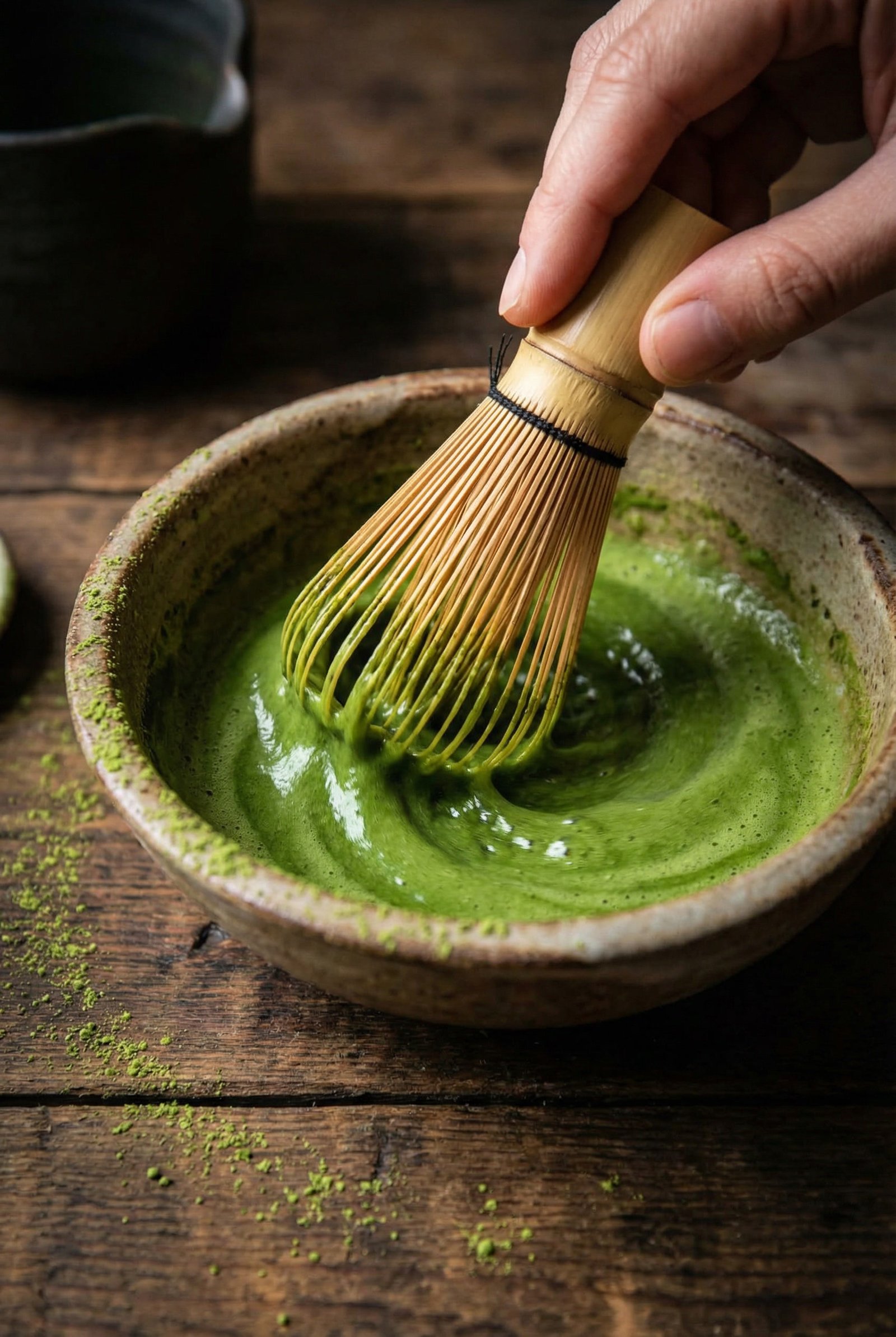 A close-up photograph of a hand using a bamboo whisk to create a smooth green matcha paste in a rustic ceramic bowl.