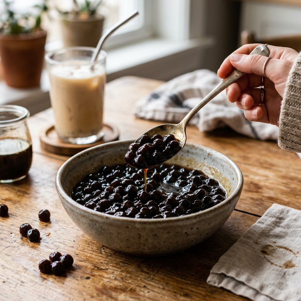 Spoon lifting cooked black tapioca pearls from a bowl for homemade bubble tea