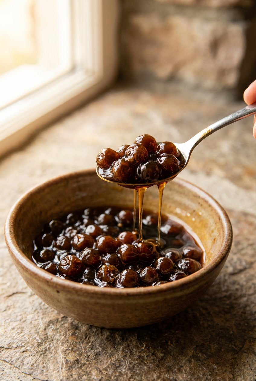 Close-up of tapioca pearls coated in glossy brown sugar syrup during the soak