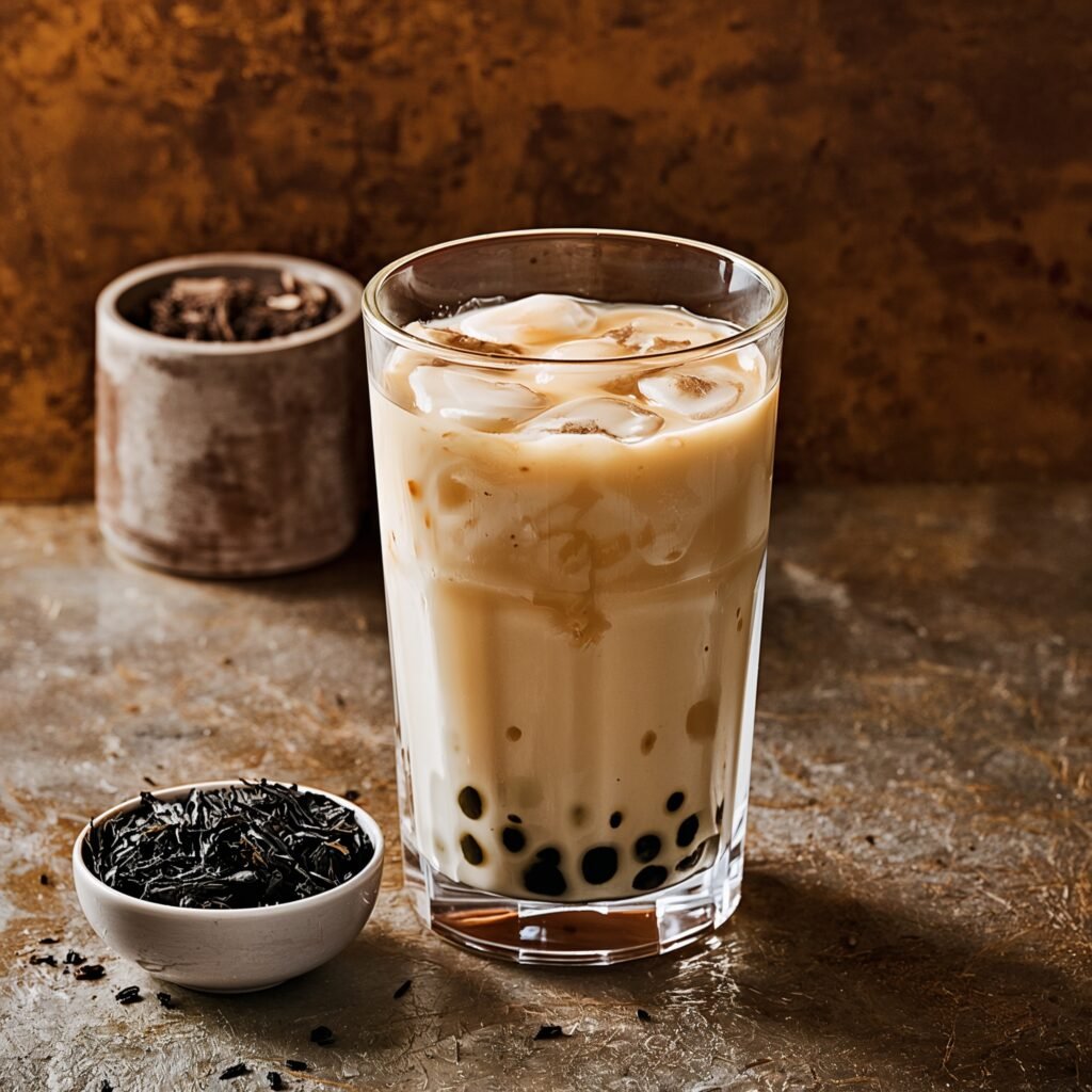 Milk tea with a spoon of black tea leaves on a warm textured surface