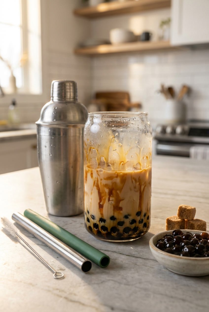 Close-up of a bubble tea setup with shaker, wide straws, reusable cups, and brown sugar boba