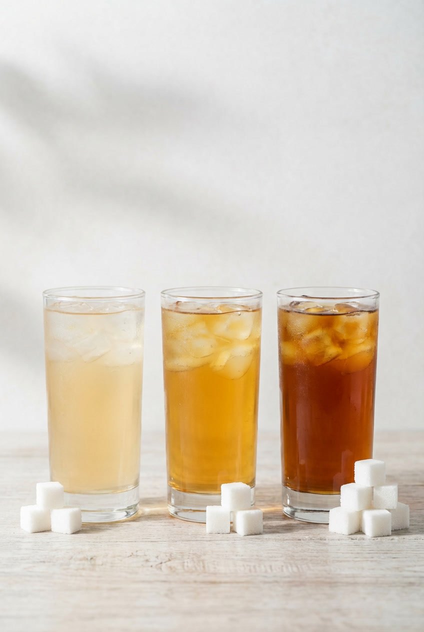 Three fruit teas with increasing sugar levels shown by sugar cubes beside each glass, illustrating how bubble tea calories rise with sweetness
