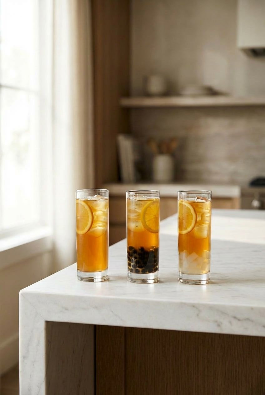 Three fruit teas showing no toppings, boba pearls, and jelly to illustrate how bubble tea toppings change calories