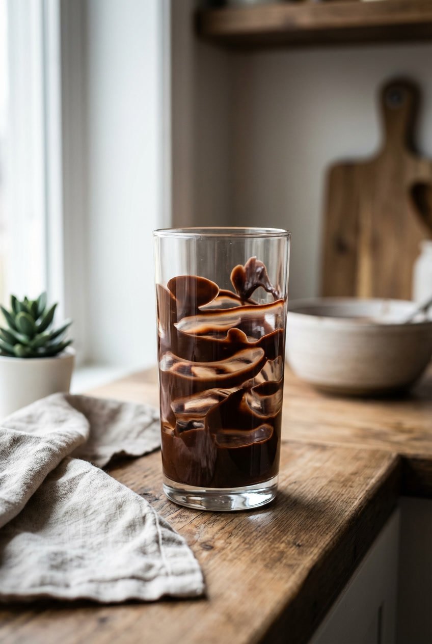 Chocolate sauce swirled inside a glass for Dubai chocolate matcha boba latte