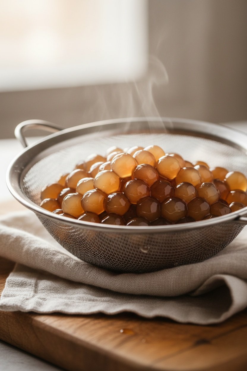 Freshly cooked tapioca pearls for peach green tea boba