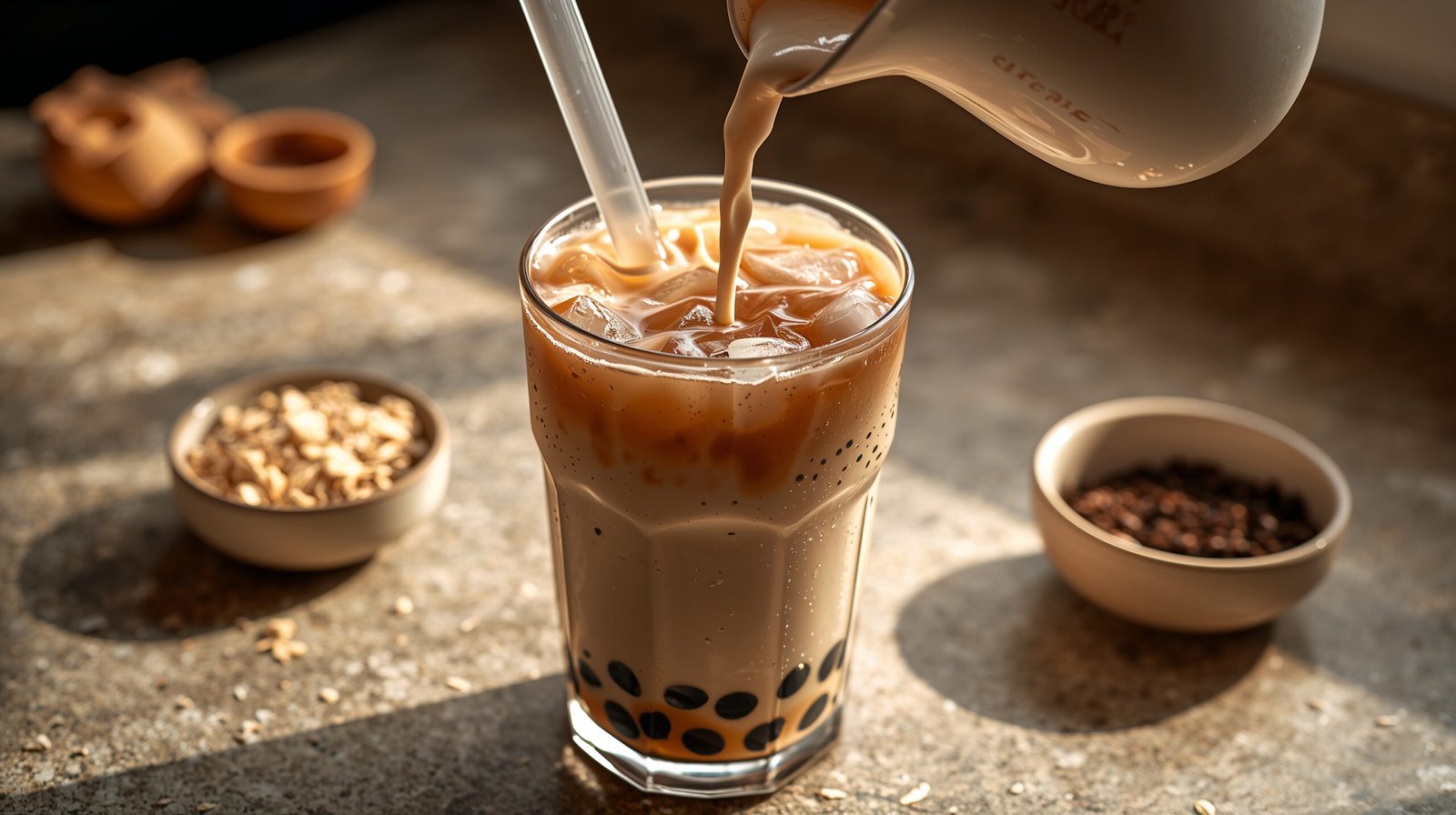 Oat milk pouring into dairy free bubble tea with tapioca pearls and a wide boba straw, close-up.