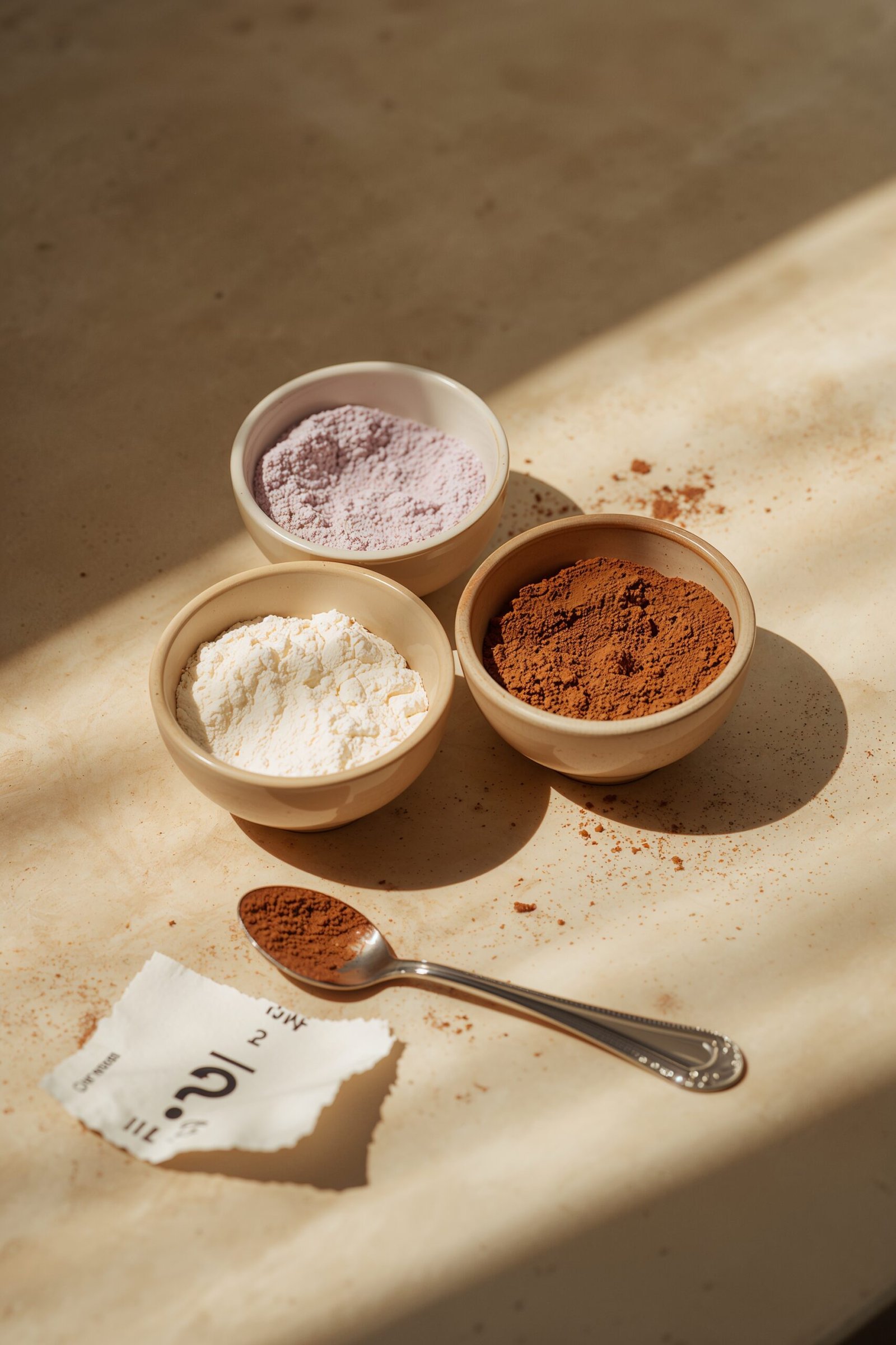 Three bowls of taro powder, creamer powder, and cocoa showing how dairy can hide in dairy free bubble tea mixes.