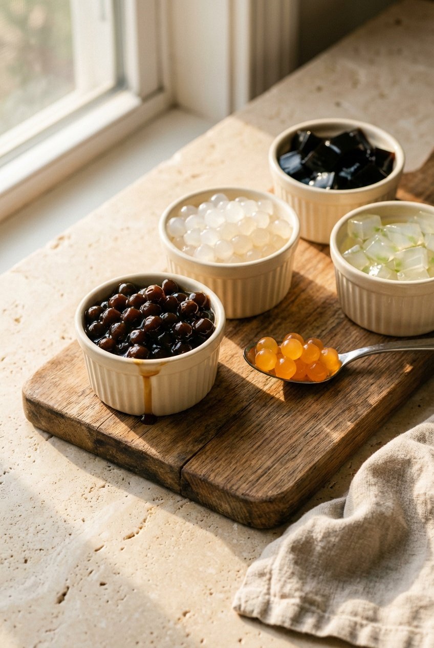 Dairy free bubble tea toppings flight with tapioca pearls, crystal boba, grass jelly, aloe, and popping boba in small bowls.