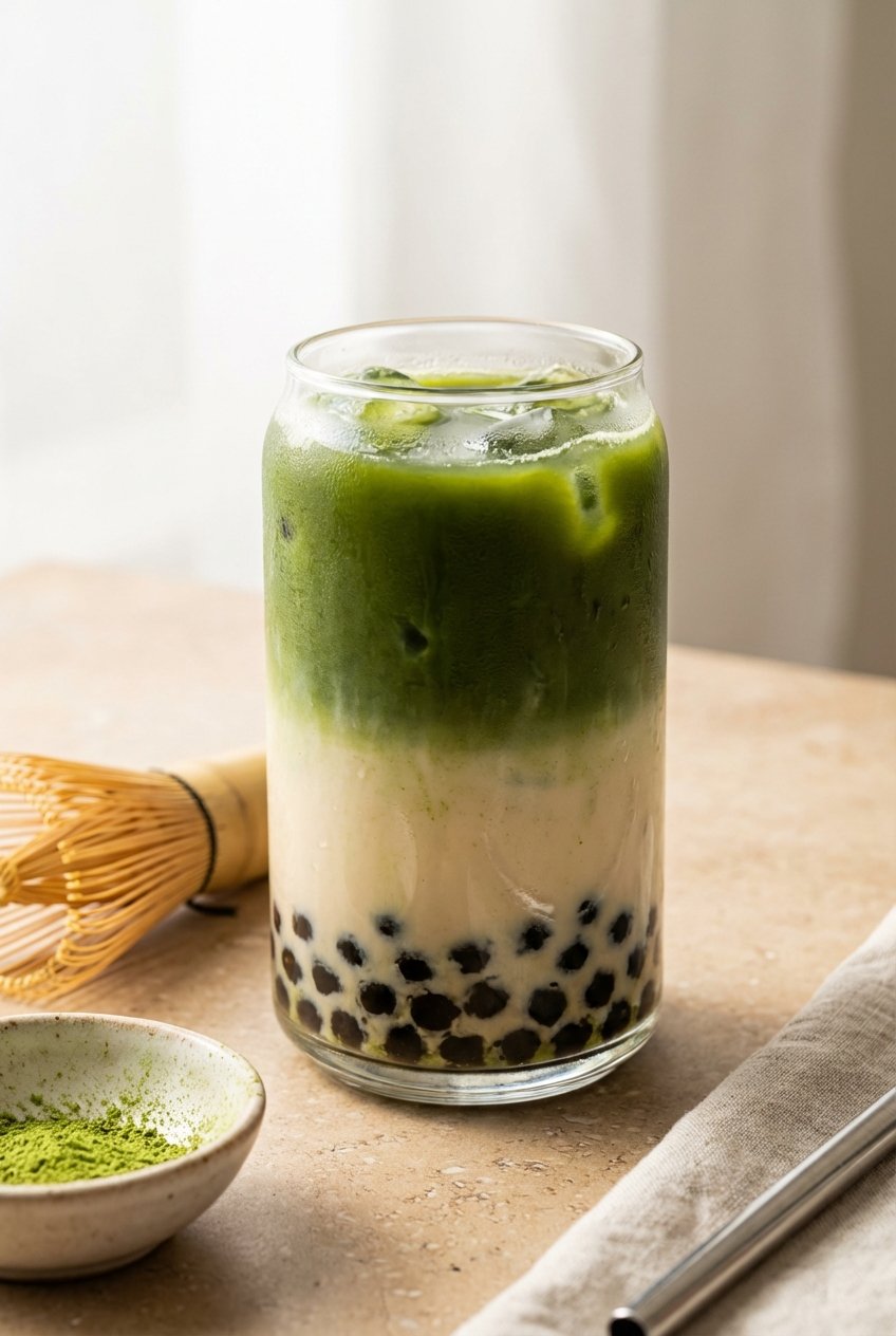 Dairy free matcha bubble tea made with oat milk, layered iced matcha with tapioca pearls in a glass.