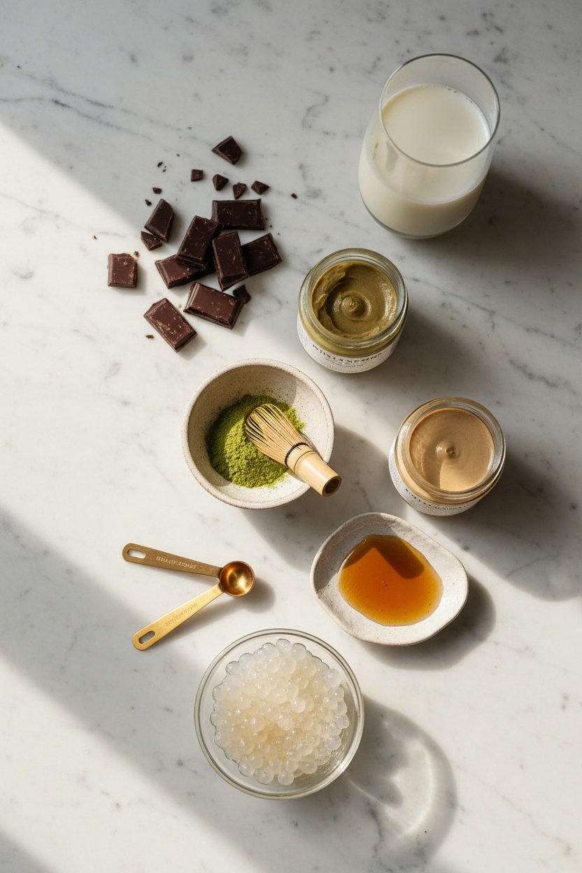 Ingredients for Dubai chocolate matcha boba including matcha powder, pistachio butter, tahini, chocolate, milk, honey, and boba pearls
