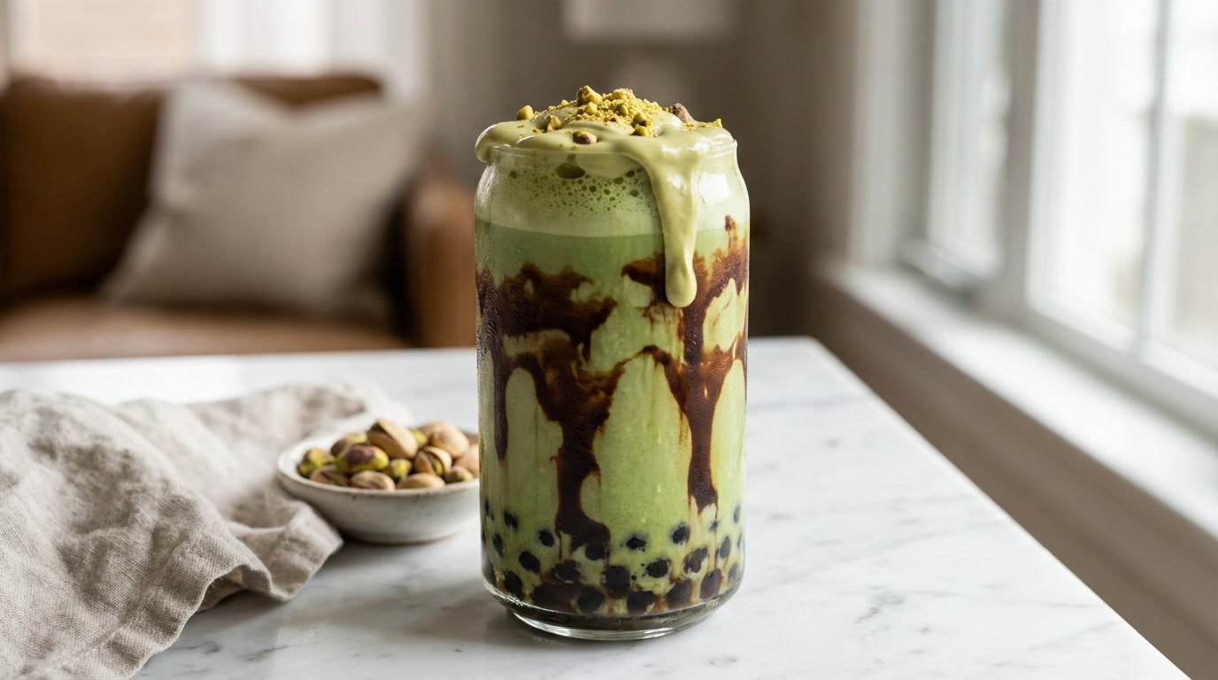 Dubai chocolate matcha boba latte with chocolate drizzle and pistachio topping