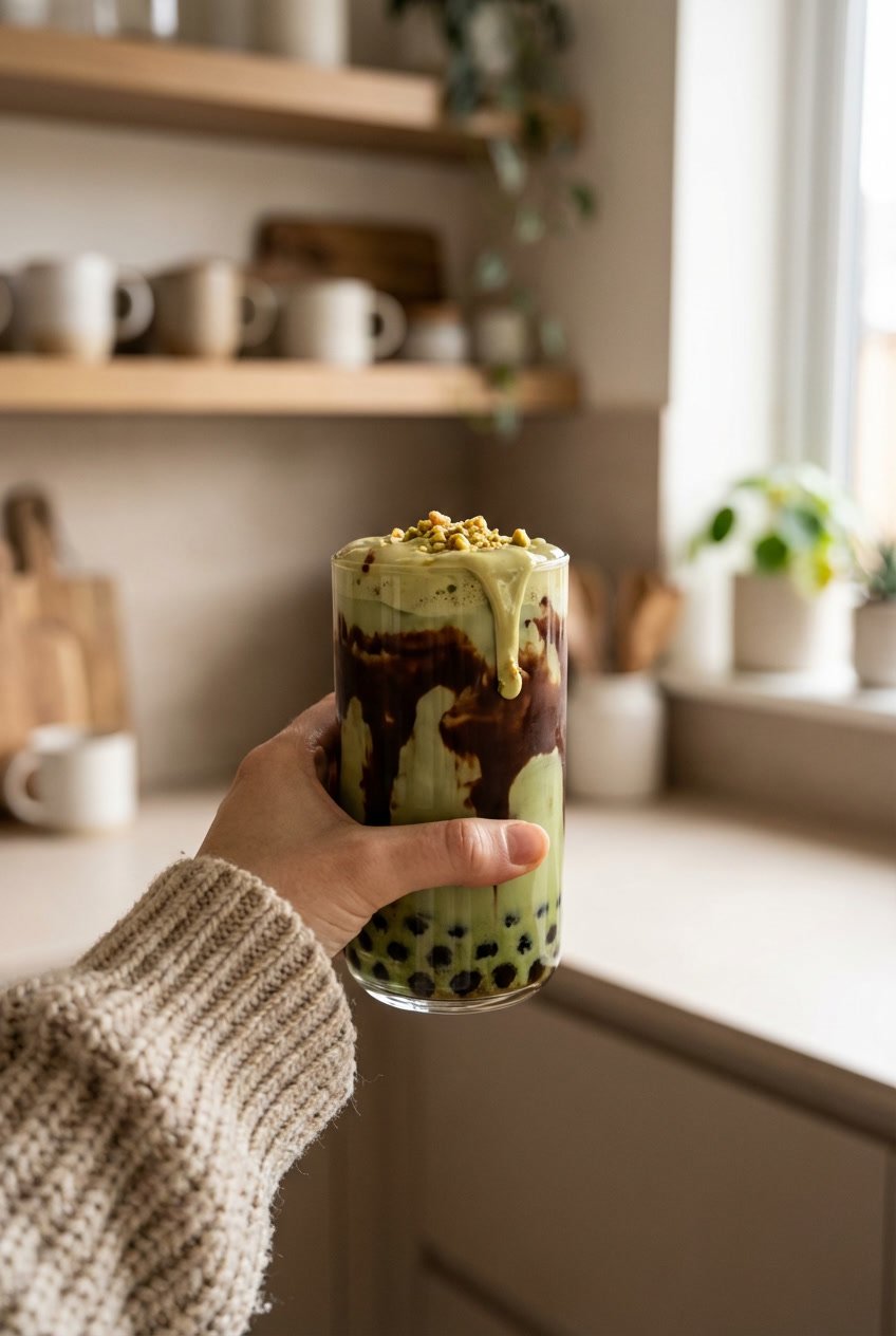 Hand holding Dubai chocolate matcha boba latte with chocolate drizzle and pistachio topping at home