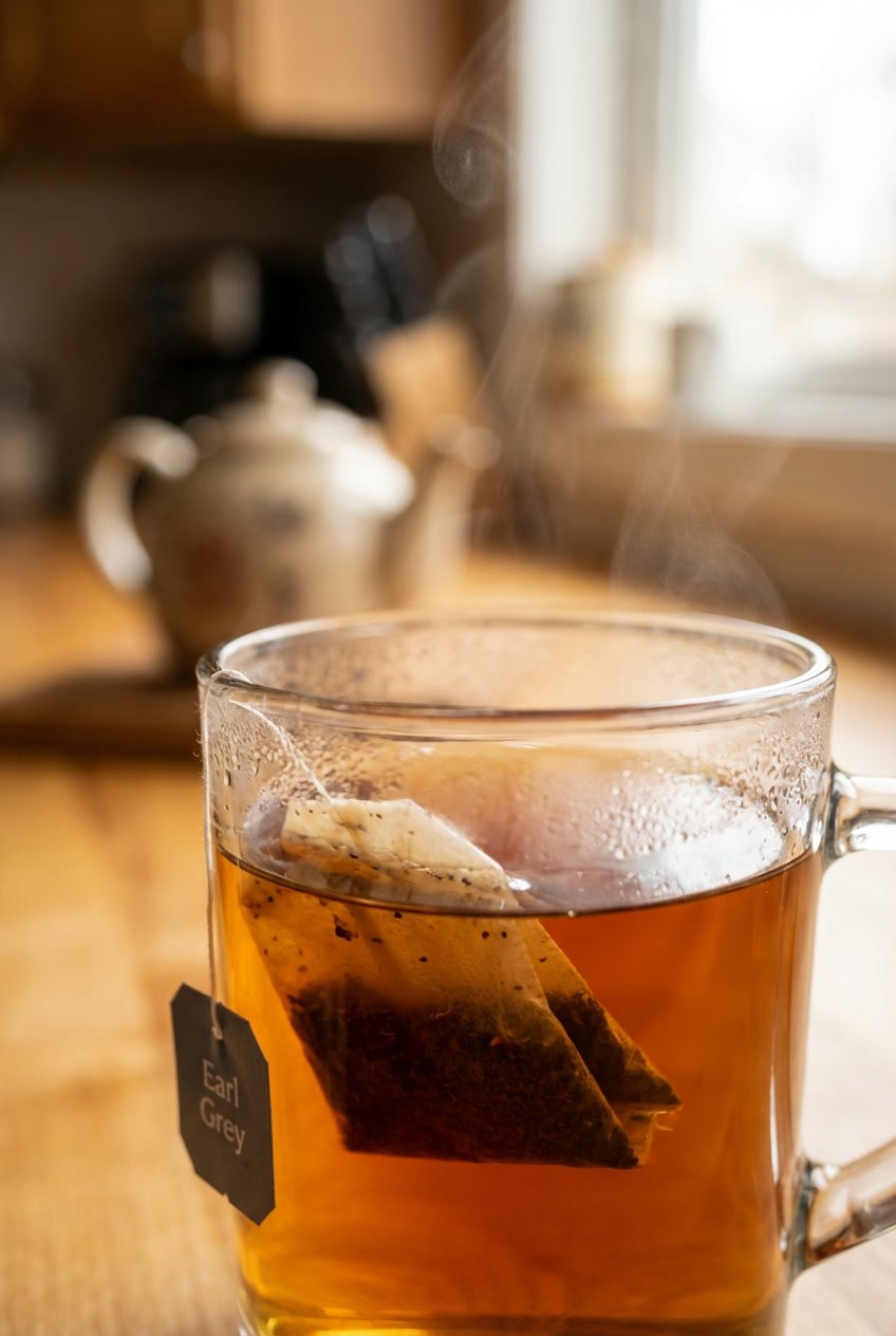 Earl Grey tea steeping in a glass mug
