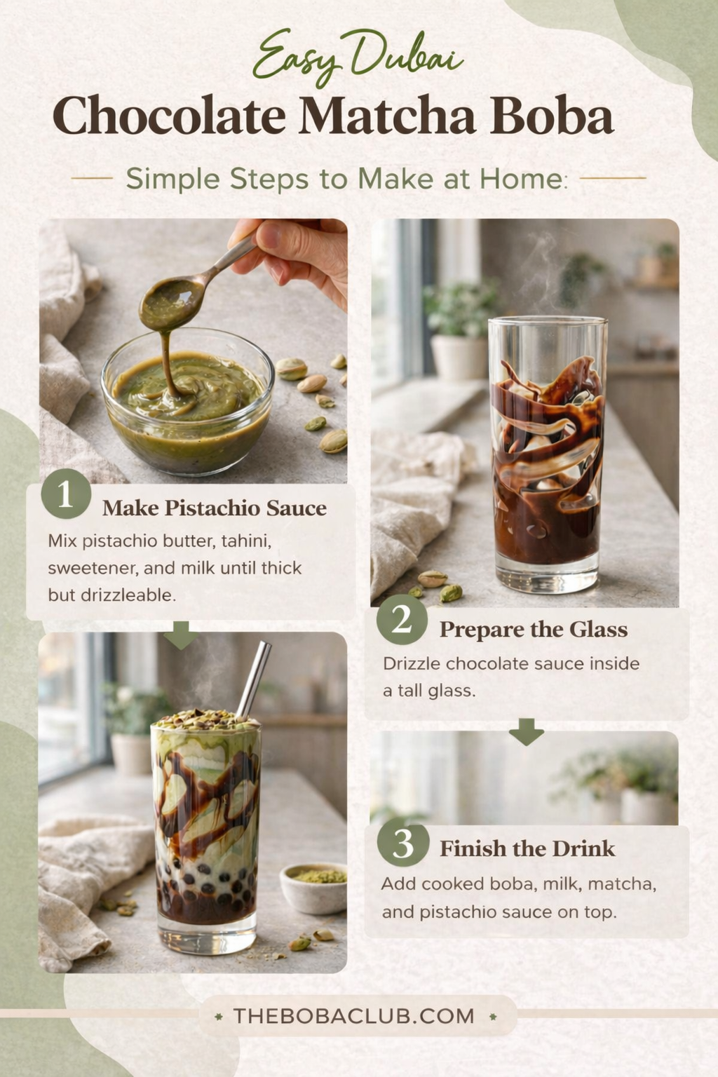 Easy three step infographic showing how to make Dubai chocolate matcha boba at home