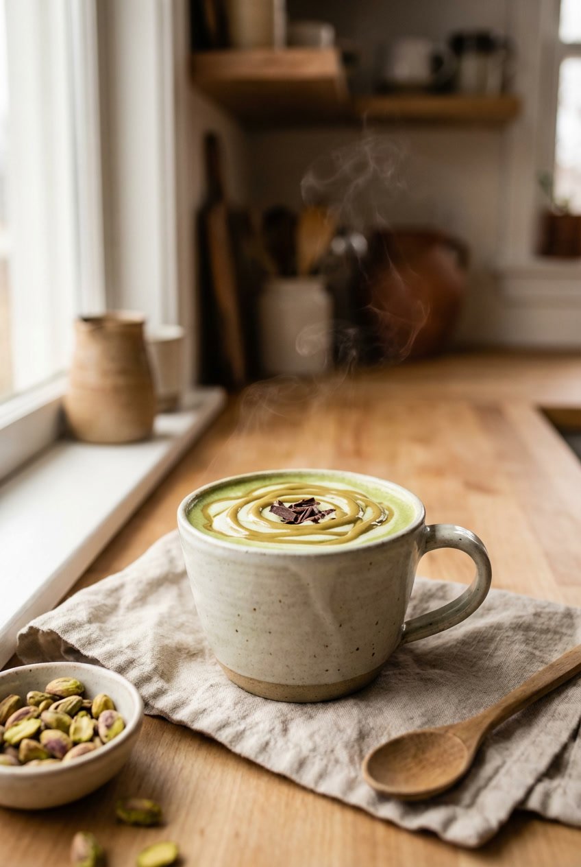 Hot Dubai chocolate matcha boba latte in a mug with pistachio drizzle