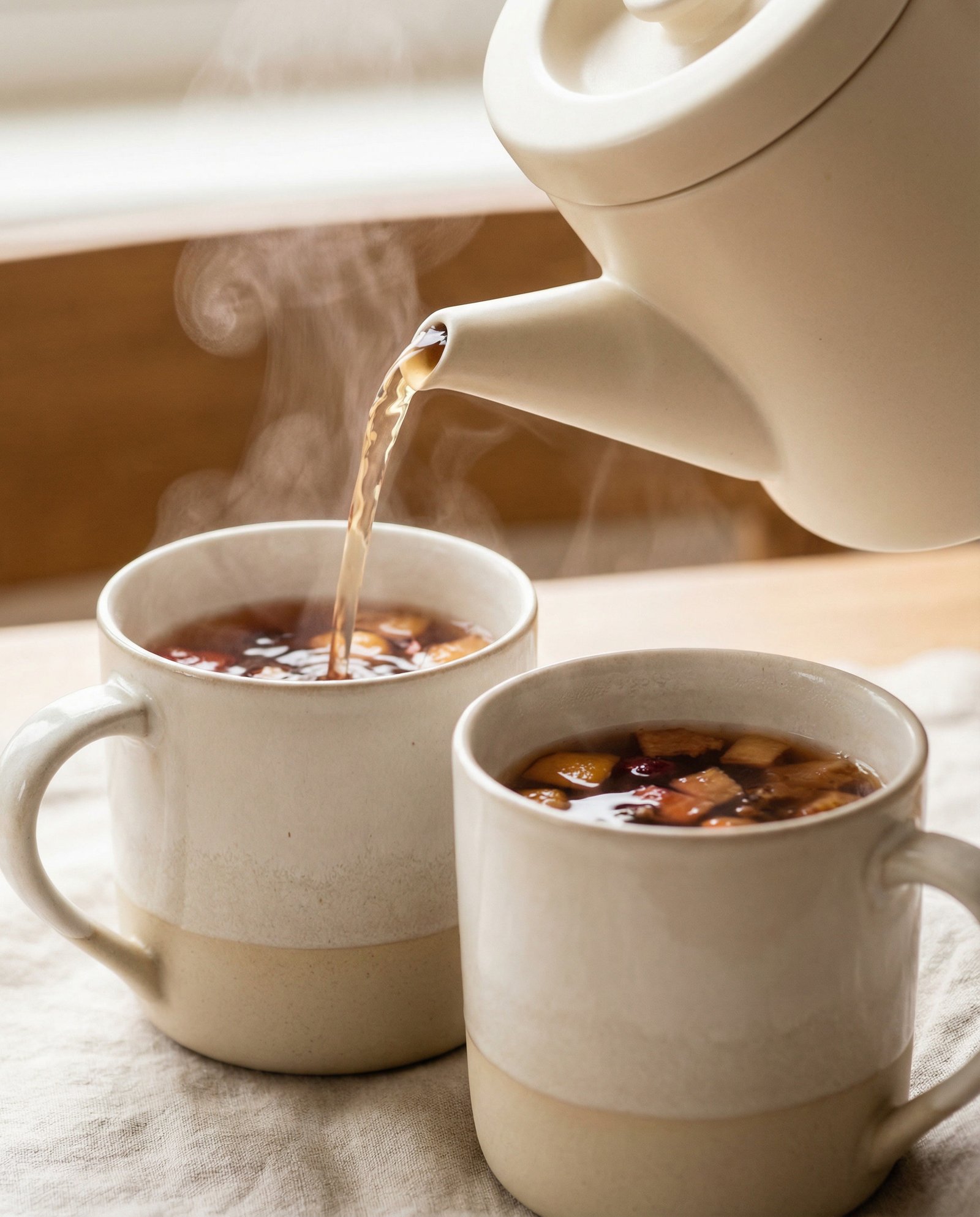 Close-up of hot milk tea and fruit tea in ceramic mugs with water being poured, showing a cozy bubble tea option