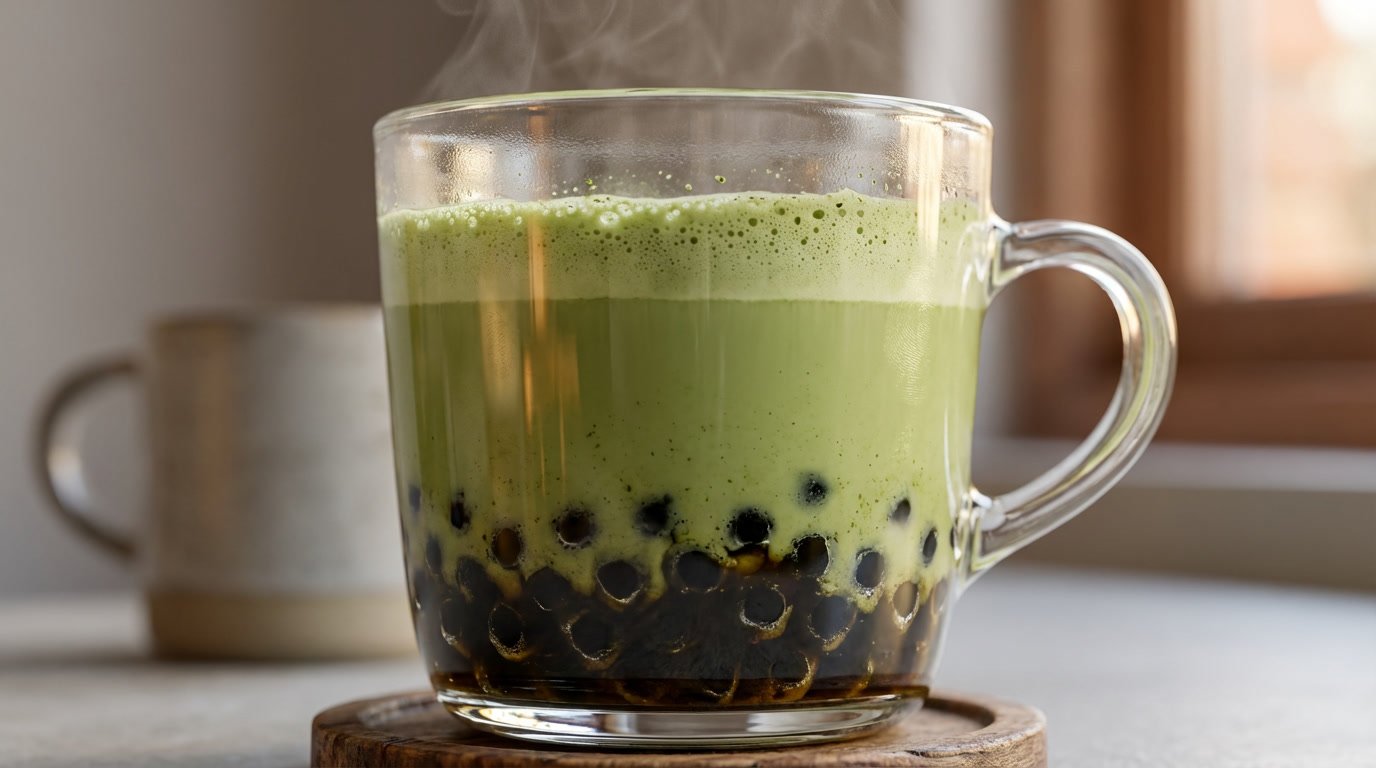 Hot matcha boba latte in a clear glass mug with black tapioca pearls and steam rising
