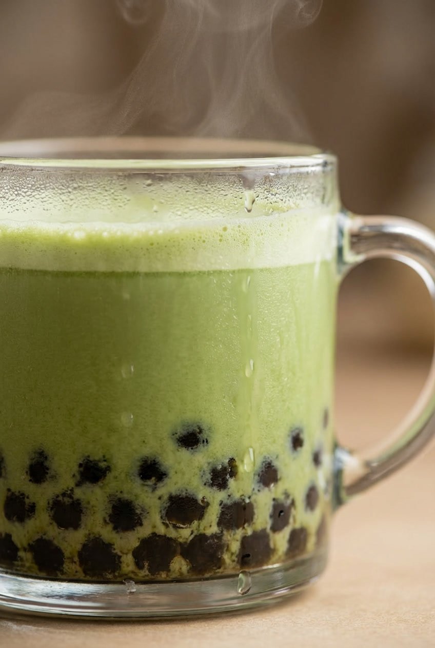 Close-up of a hot matcha boba latte with black tapioca pearls in a clear glass mug