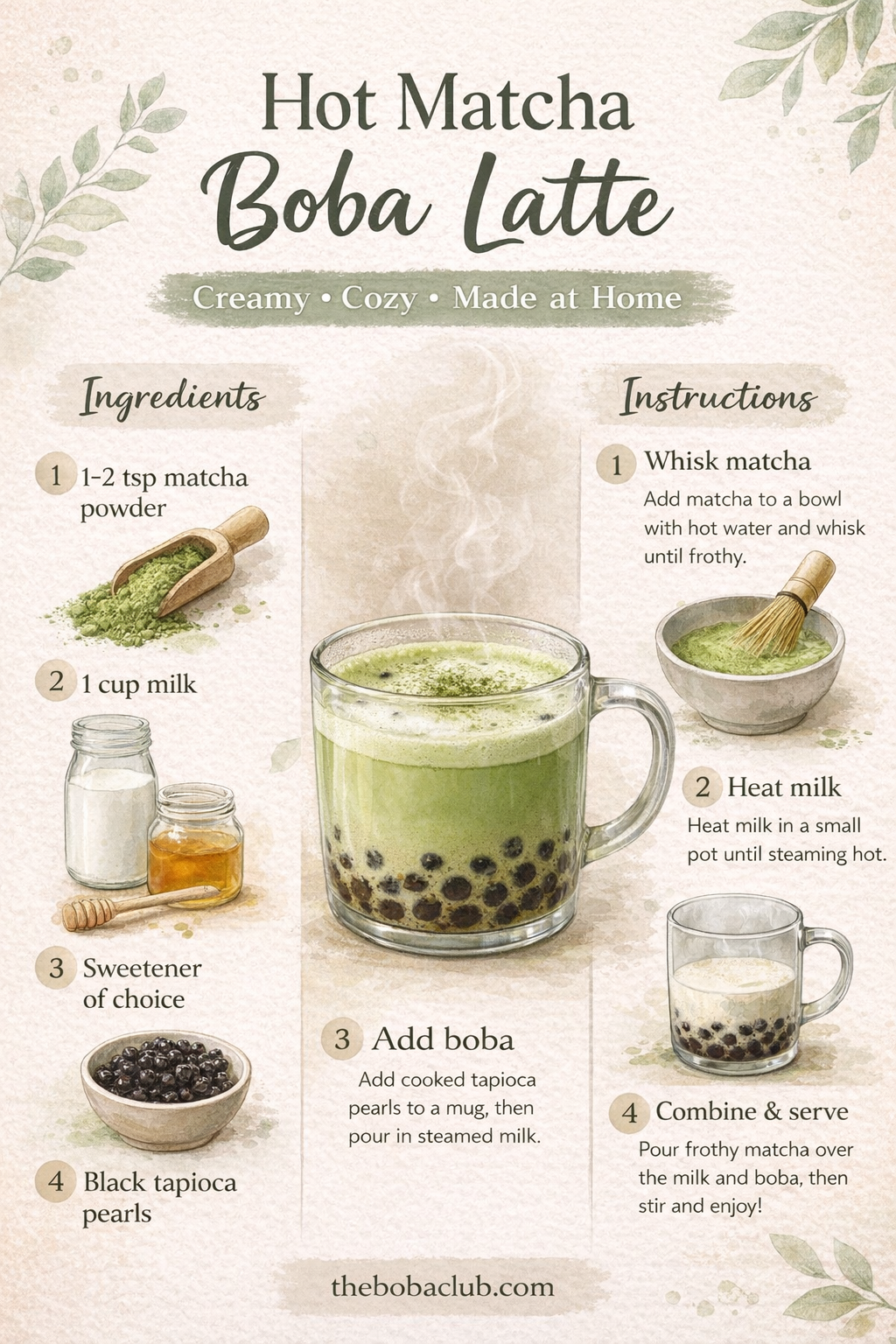 Pinterest infographic showing how to make a hot matcha boba latte with ingredients and step-by-step instructions